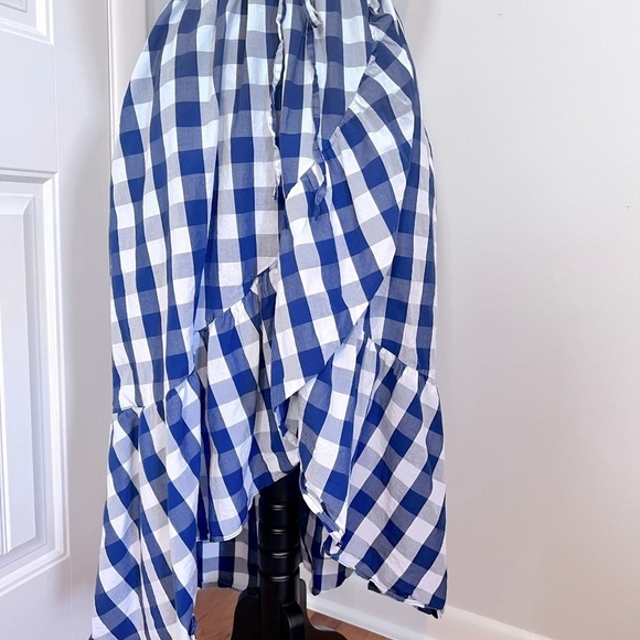POPSUGAR GINGHAM DRESS SZ M RUFFLE HEM FAUX WRAP SKIRT BLUE WHITE - Picture 6 of 15
